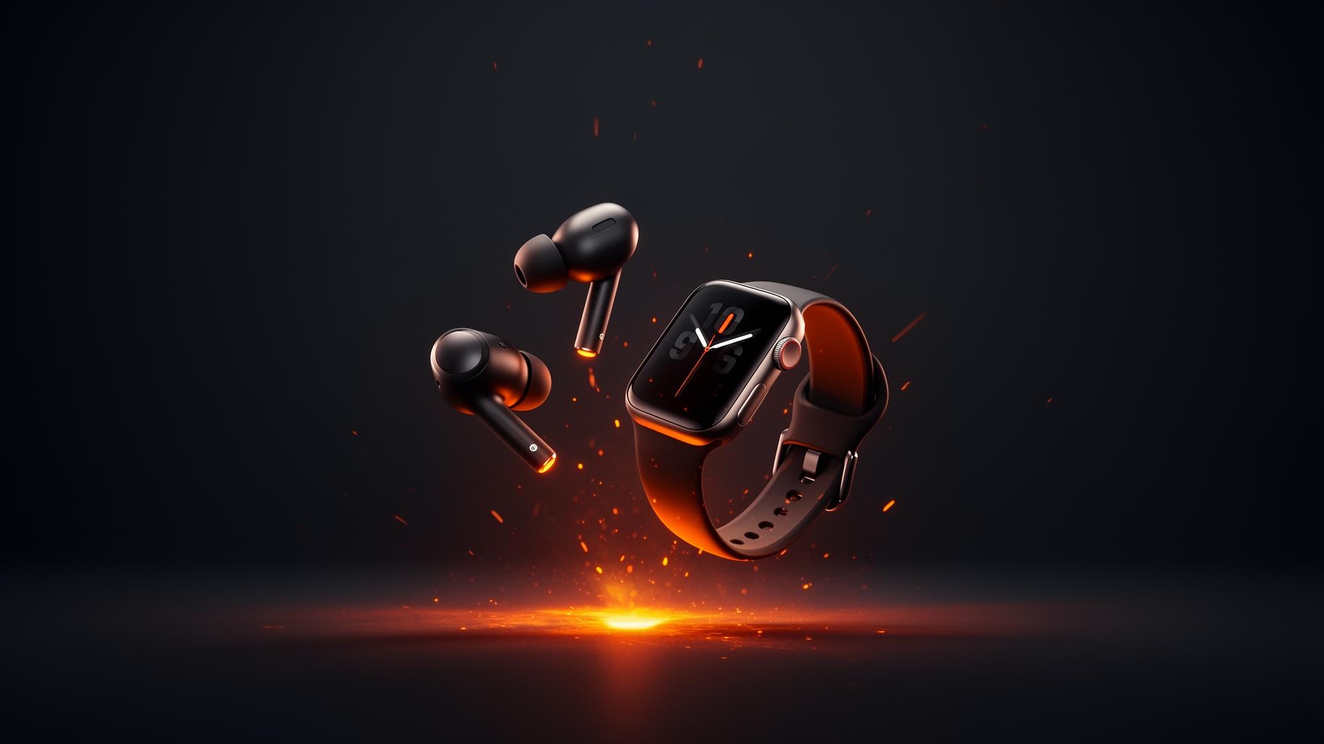 Premium earbuds and smartwatch on dark background